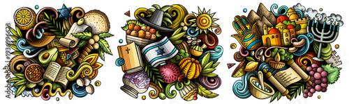 Israel cartoon vector doodle designs set. Colorful detailed compositions with lot of Israeli objects and symbols. Isolated on white illustrations