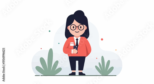 Animated person with glasses and a red cardigan holding a phone amidst playful dots