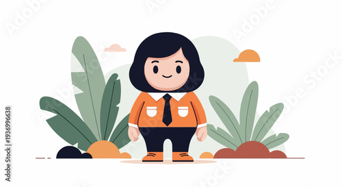 Cartoon character with black hair, wearing an orange shirt, black tie, dark pants, and orange boots, standing outdoors