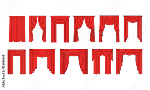 Set of various red window curtain and drape designs