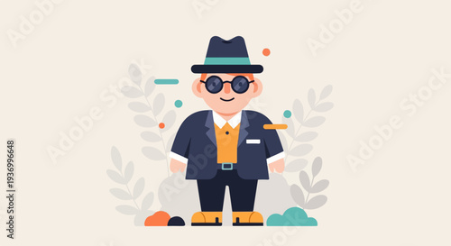 Animated man in hat and suit, with glasses, surrounded by leaves and dots