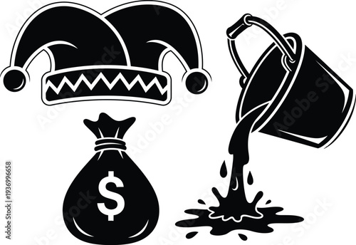 A jester's hat with a money bag and an overturned bucket spilling liquid