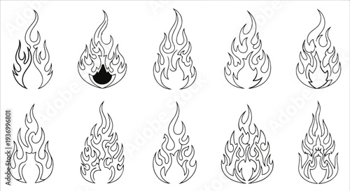 Collection of ten unique stylized flame graphic designs