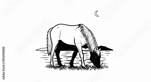 Horse grazes by water under a crescent moon