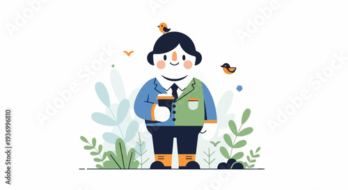 Cheerful person in a two-toned suit holding coffee, surrounded by stylized plants and birds
