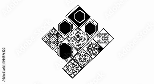 Geometric and floral patterns on diamond-shaped tiles arranged asymmetrically