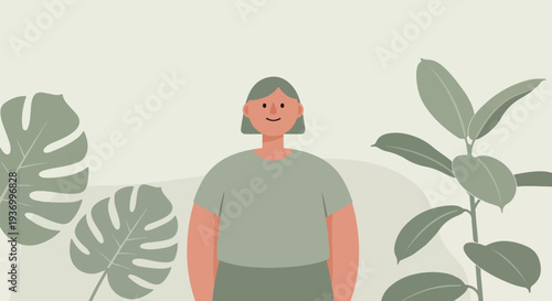 A stylized illustration of a person with short hair stands amidst lush green tropical leaves