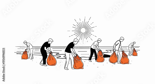 People cleaning up litter on a sunny beach with orange bags