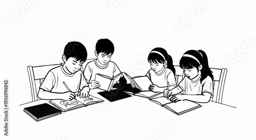Four children focused on books and writing at a table