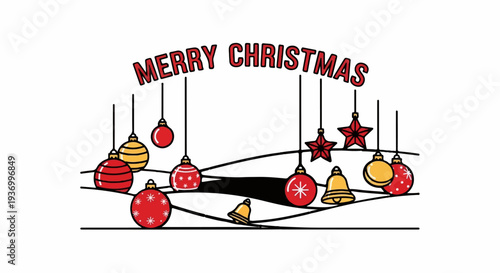 Festive Christmas ornaments, bells, and stars hang gracefully above wavy lines