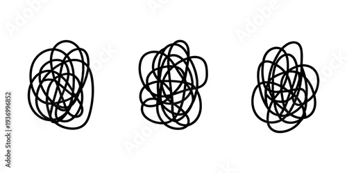 Three black scribbles on white background black lines tangled lines abstract
