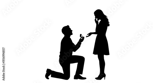 Silhouette of a man on one knee proposing to a woman with an engagement ring, a romantic gesture.