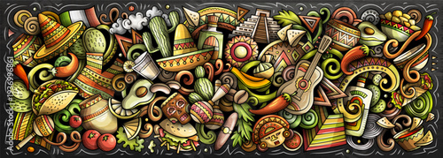 Mexico vector illustration with culture, traditions, food, sombreros, cactuses, pyramids and music. Perfect for travel, tourism, festivals and holiday design