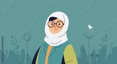 Stylized illustration of a woman in hijab, glasses, and a jacket, with a bird perched on a crescent moon