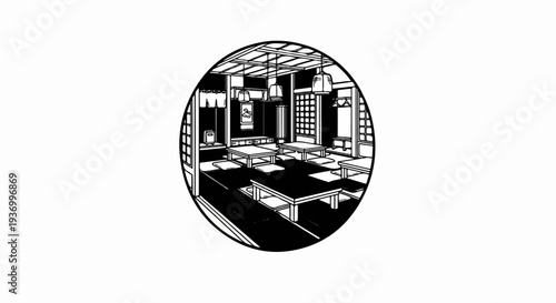 Interior of a traditional Japanese dining room with low tables