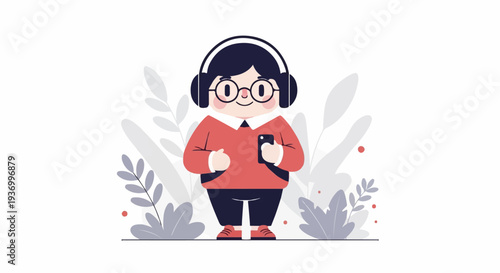 Cute cartoon person wearing headphones and holding a smartphone, surrounded by foliage