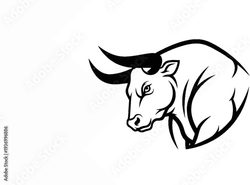 Powerful bull head in black and white, facing left