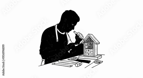 Craftsman building a wooden insect hotel with intricate gears