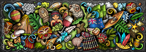 New Zealand vector illustration with nature, Maori culture, mountains, beaches, wildlife and adventure activities. Perfect for travel, tourism and holiday design projects