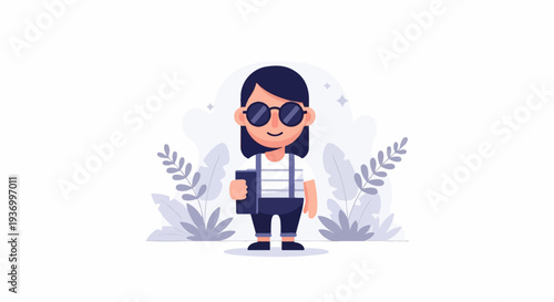 Cartoon child wearing sunglasses and overalls, holding a book, surrounded by plants