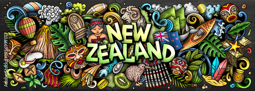 New Zealand vector illustration with nature, Maori culture, mountains, beaches, wildlife and adventure activities. Perfect for travel, tourism and holiday design projects