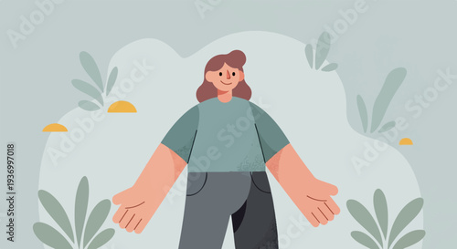 Stylized figure with open arms in a serene, abstract natural setting