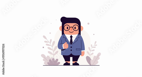 A stylized character in a blue suit and glasses gives a thumbs-up