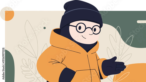 Cheerful character in winter attire gestures welcomingly with a minimalist, organic background