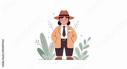 A stylized, cartoonish figure stands in a tan trench coat and fedora hat amidst lush green foliage