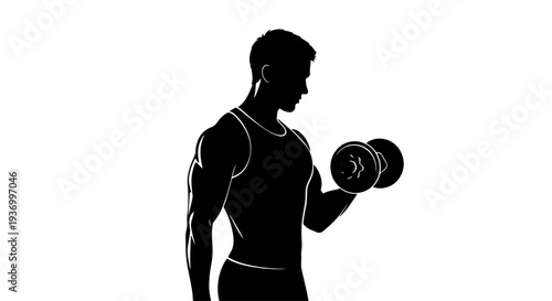 A black silhouette of a muscular man in a tank top performing a bicep curl with a dumbbell, isolated on a white background, illustrating strength and fitness.