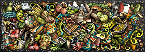 Peru vector illustration with Machu Picchu, mountains, Inca culture, llamas, food and nature. Perfect for travel, tourism, history and adventure design projects