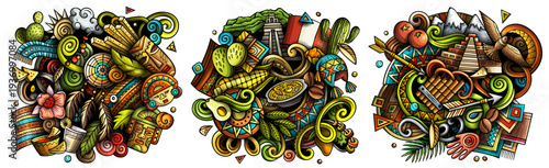 Peru cartoon vector doodle designs set. Colorful detailed compositions with lot of Peruvian objects and symbols. Isolated on white illustrations