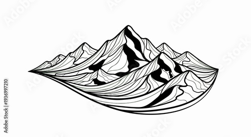 Stylized black and white ink drawing of a mountain range with flowing lines