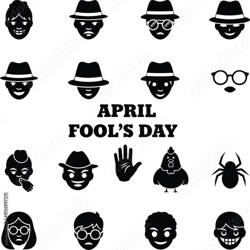 April fool's day celebration with various funny faces and hats