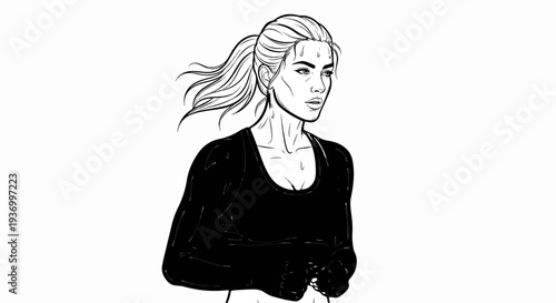 Athletic woman running with sweat, hair flowing, determined expression