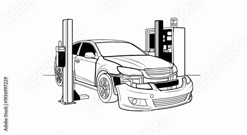 Car undergoing repair on a vehicle lift with diagnostic equipment