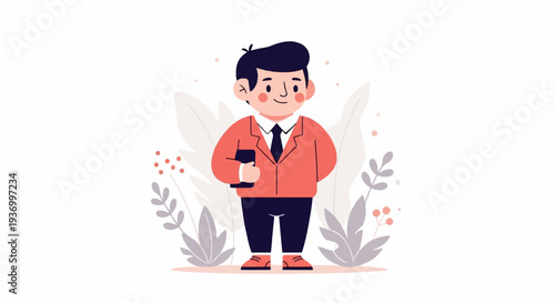 A stylized, smiling man in a coral suit and dark pants holds a black book