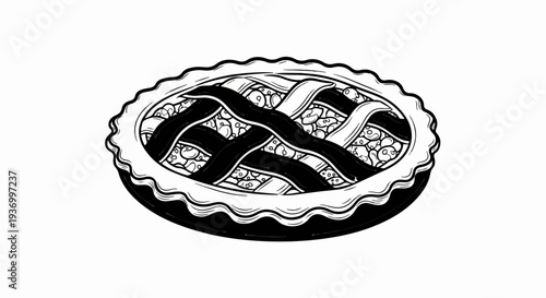 Black and white line art drawing of a pie with a lattice crust