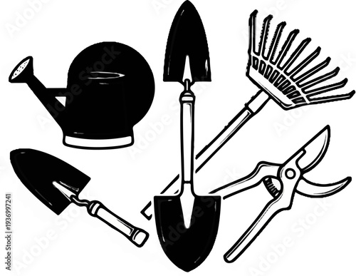 Assortment of garden tools including watering can, shovel, rake, and shears