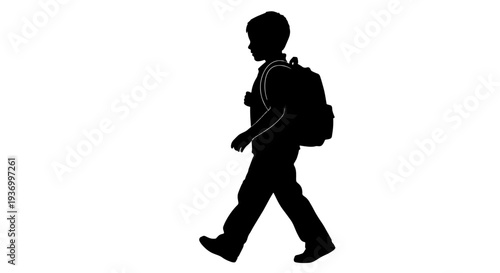 Silhouette of a young boy walking with a backpack, depicted against a white background.