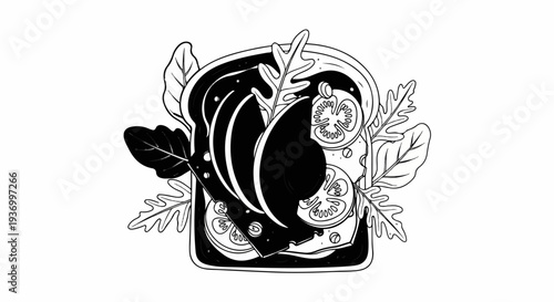 Stylized black and white illustration of a loaded open-faced sandwich