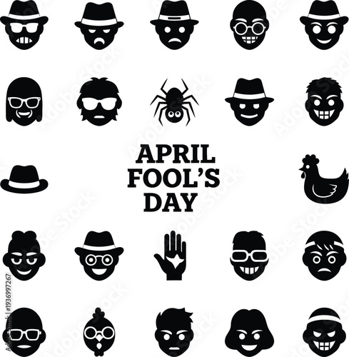 April fool's day celebration with various silhouette faces and symbols