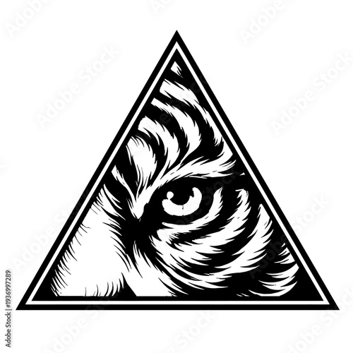 Intense Black & White Tiger Eye Illustration in a Bold Triangular Frame – Striking Vector Art Depicting a Powerful Feline Gaze, Perfect for Logos, T-Shirt Designs, and Spiritual Emblems of Wisdom, Vis