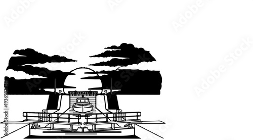 Stylized illustration of a boat docked next to a structure under a cloudy sky