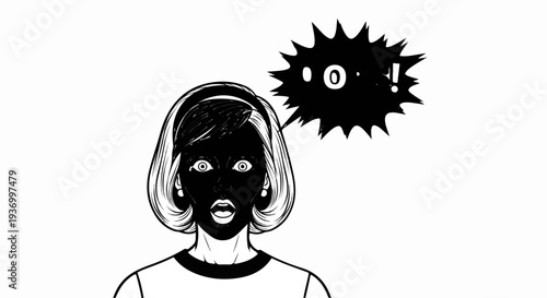 Shocked woman with wide eyes and open mouth, dark face, black speech bubble