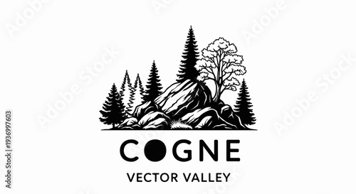 Stylized silhouette of mountain rocks, evergreen trees, and deciduous tree