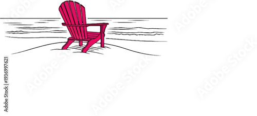 A single pink chair sits on a sandy beach next to the ocean