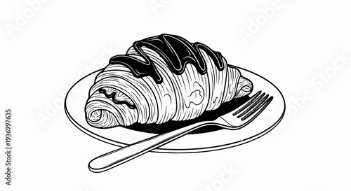 A single croissant with dark topping rests on a plate with a fork
