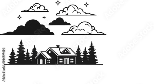 Silhouette of a house and trees under a cloudy sky with stars
