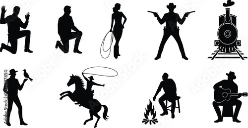 Wild west cowboy silhouettes set including gunslinger, lasso rider, campfire guitarist, train, and western characters vector illustration collection